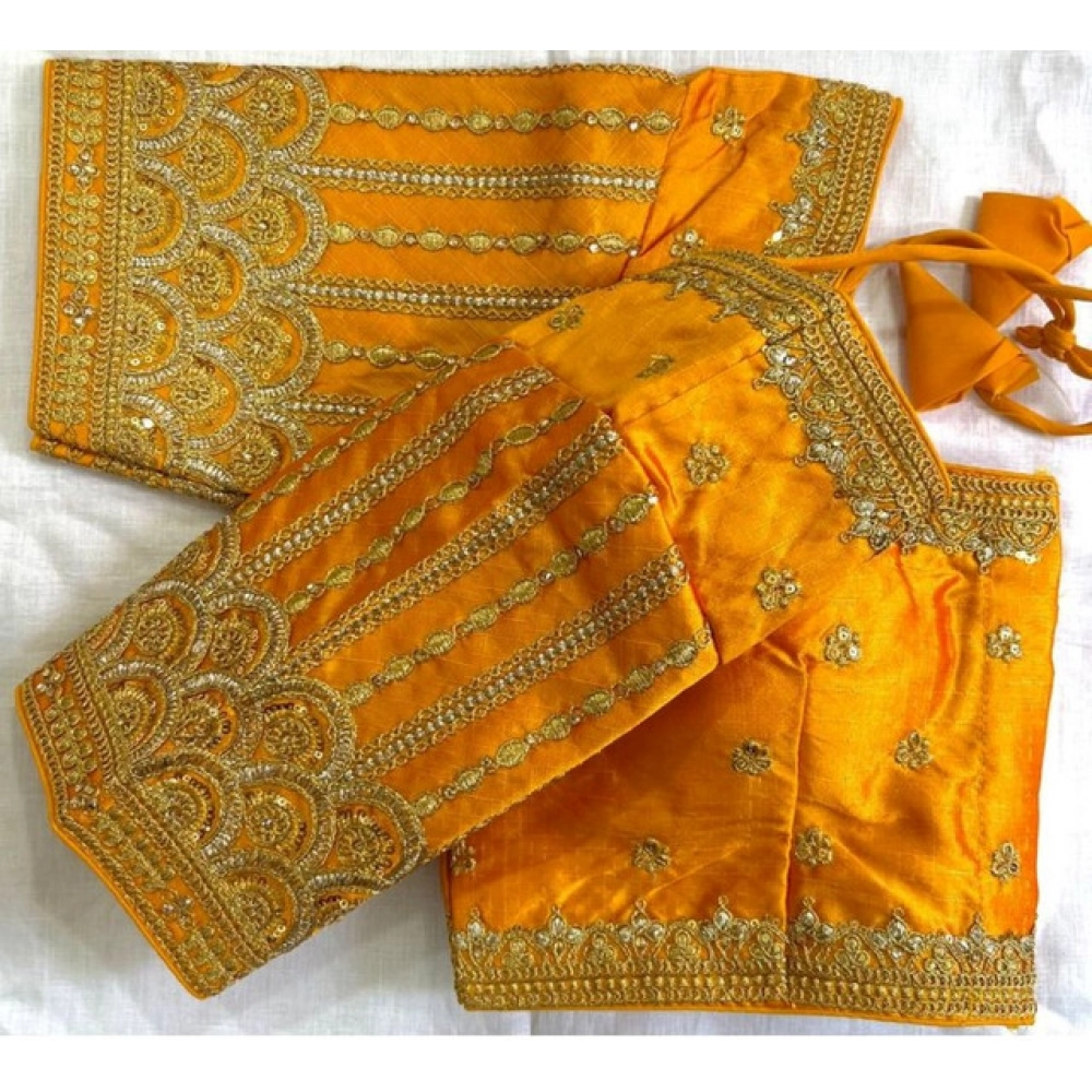 Women's Phantom Silk Embroidered Designer Neck Padded Blouse (Mustard 38 Ready (Alterable up to 42) - Image 2