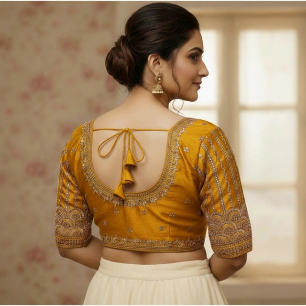 Women's Phantom Silk Embroidered Designer Neck Padded Blouse (Mustard 38 Ready (Alterable up to 42) - Image 3