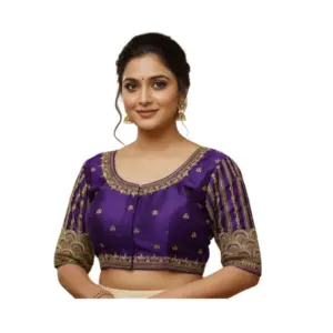Women's Phantom Silk Embroidered Designer Neck Padded Blouse (Purple 38 Ready (Alterable up to 42)