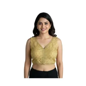Women's Silk Blend Embroidered V-Neck Non Padded Blouse (Beige 38 Ready (Alterable up to 42)