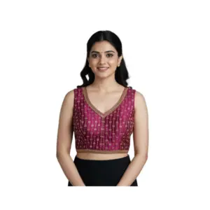 Women's Silk Blend Embroidered V-Neck Non Padded Blouse (Dark Wine 38 Ready (Alterable up to 42)
