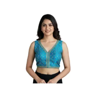 Women's Silk Blend Embroidered V-Neck Non Padded Blouse (Sky 38 Ready (Alterable up to 42)