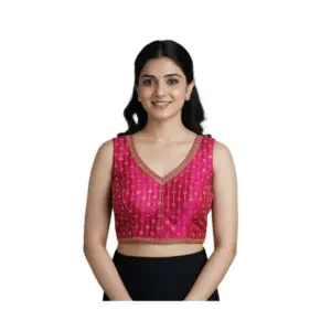 Women's Silk Blend Embroidered V-Neck Non Padded Blouse (Pink 38 Ready (Alterable up to 42)