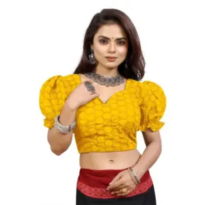 Women's Cotton Embroidered V-Neck Non Padded Blouse (Mustard 36 Ready (Alterable up to 42)