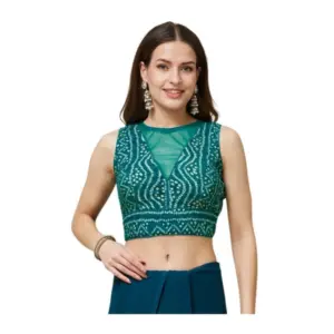 Women's Rayon Cotton Bandhani Printed Halter Neck Non Padded Blouse (Blue 38 Ready (Alterable up to 42)
