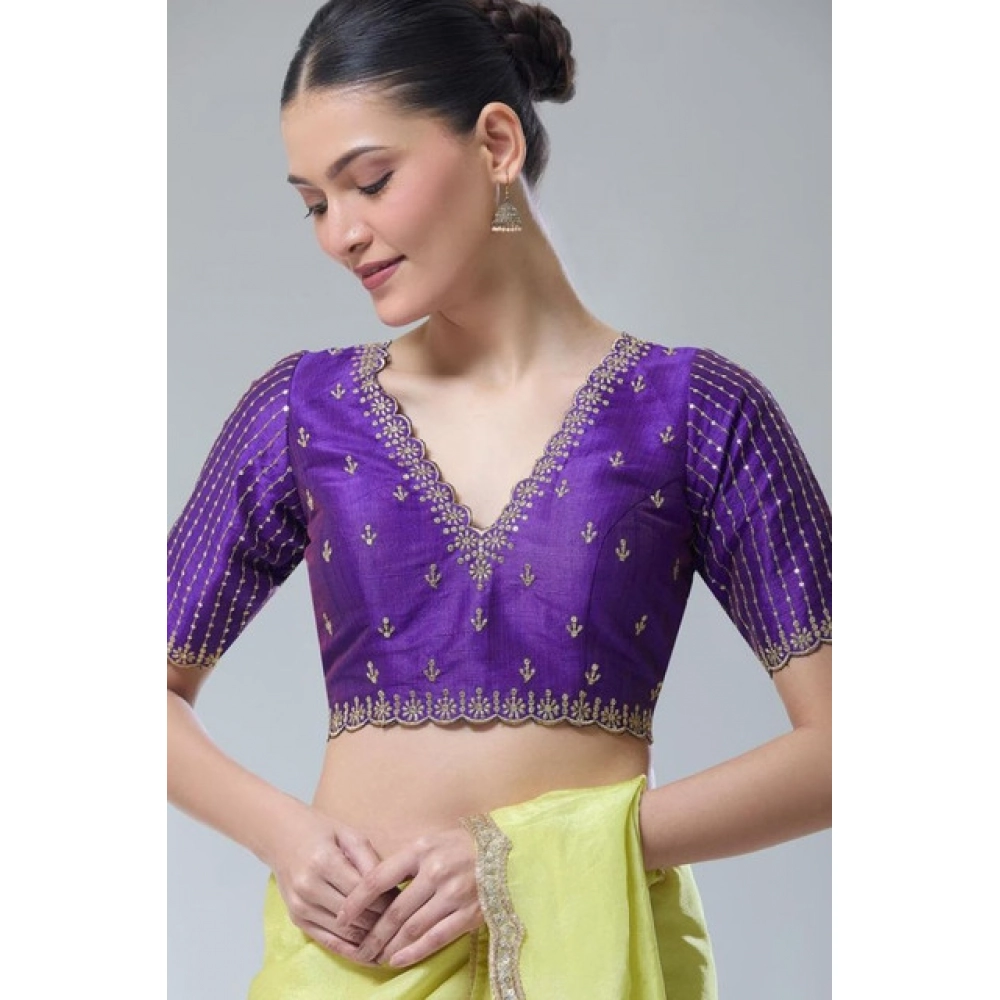 Women's Banarasi Silk Sequence V Neck Non Padded Blouse (Purple 38 Ready (Alterable up to 42) - Image 3