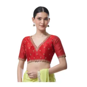 Women's Banarasi Silk Sequence V Neck Non Padded Blouse (Red 38 Ready (Alterable up to 42)