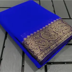 Women's Crepe Chit Pallu Solid Saree With Unstitched Blouse 5.5Mtr (Navy Blue)