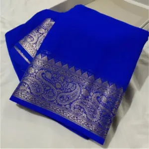 Women's Crepe Chit Pallu Solid Saree With Unstitched Blouse 5.5Mtr (Navy Blue)