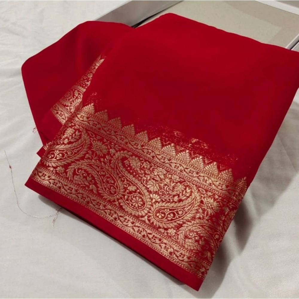 Women's Crepe Chit Pallu Solid Saree With Unstitched Blouse 5.5Mtr (Red)