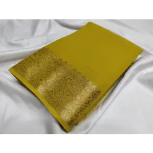 Women's Crepe Chit Pallu Solid Saree With Unstitched Blouse 5.5Mtr (Mustard Yellow)