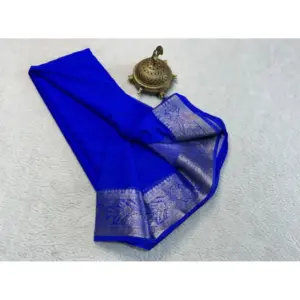 Women's Crepe Chit Pallu Solid Saree With Unstitched Blouse 5.5Mtr (Navy Blue)