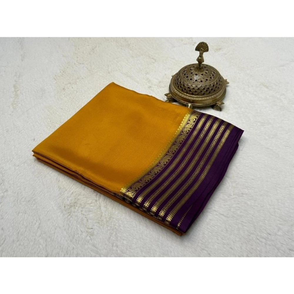 Women's Crepe Chit Pallu Solid Saree With Unstitched Blouse 5.5Mtr (Gold)