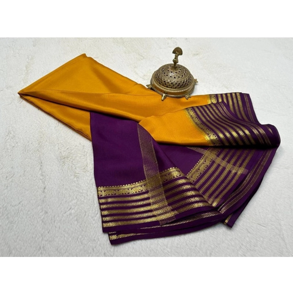 Women's Crepe Chit Pallu Solid Saree With Unstitched Blouse 5.5Mtr (Gold) - Image 2