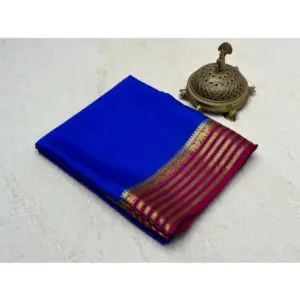 Women's Crepe Chit Pallu Solid Saree With Unstitched Blouse 5.5Mtr (Navy Blue)