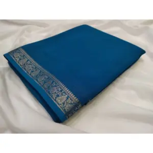 Women's Crepe Chit Pallu Solid Saree With Unstitched Blouse 5.5Mtr (teal blue)