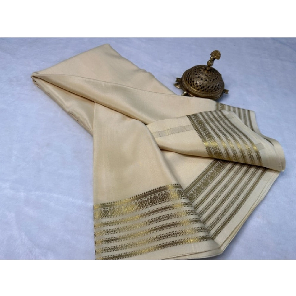 Women's Crepe Chit Pallu Solid Saree With Unstitched Blouse 5.5Mtr (Beige) - Image 2