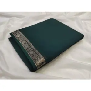 Women's Crepe Chit Pallu Solid Saree With Unstitched Blouse 5.5Mtr (Bottle Green)