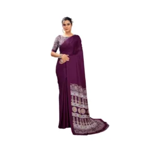 Women's Satin Crepe Printed Saree With Unstitched Blouse 5.5Mtr (Purple)