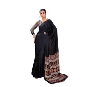 Women's Satin Crepe Printed Saree With Unstitched Blouse 5.5Mtr (Black)