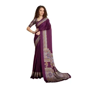 Women's Satin Crepe Printed Saree With Unstitched Blouse 5.5Mtr (Purple)