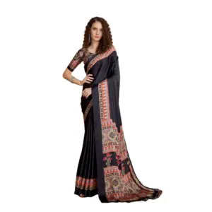 Women's Satin Crepe Printed Saree With Unstitched Blouse 5.5Mtr (Black)
