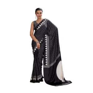 Women's Satin Crepe Printed Saree With Unstitched Blouse 5.5Mtr (Black)