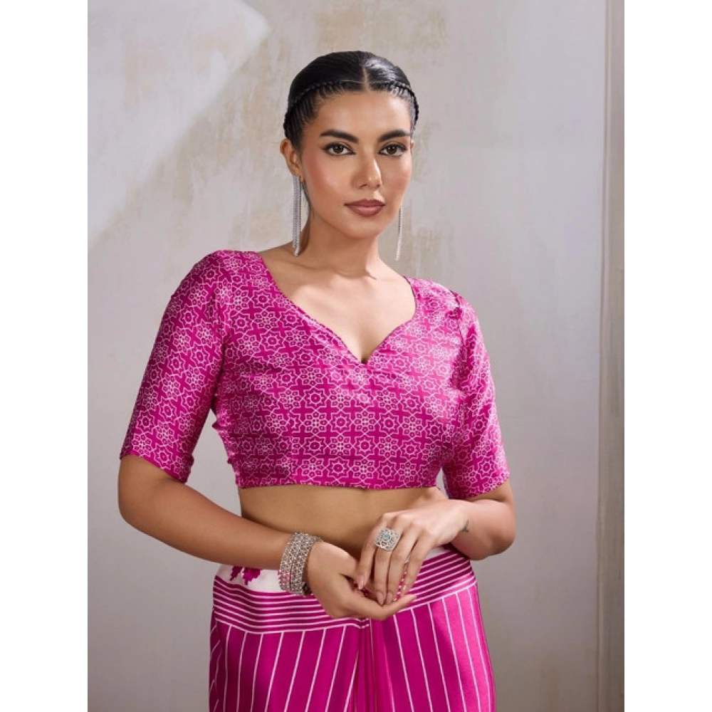 Women's Satin Crepe Printed Saree With Unstitched Blouse 5.5Mtr (Pink) - Image 2