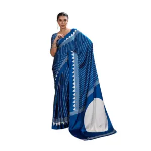 Women's Satin Crepe Printed Saree With Unstitched Blouse 5.5Mtr (Blue)