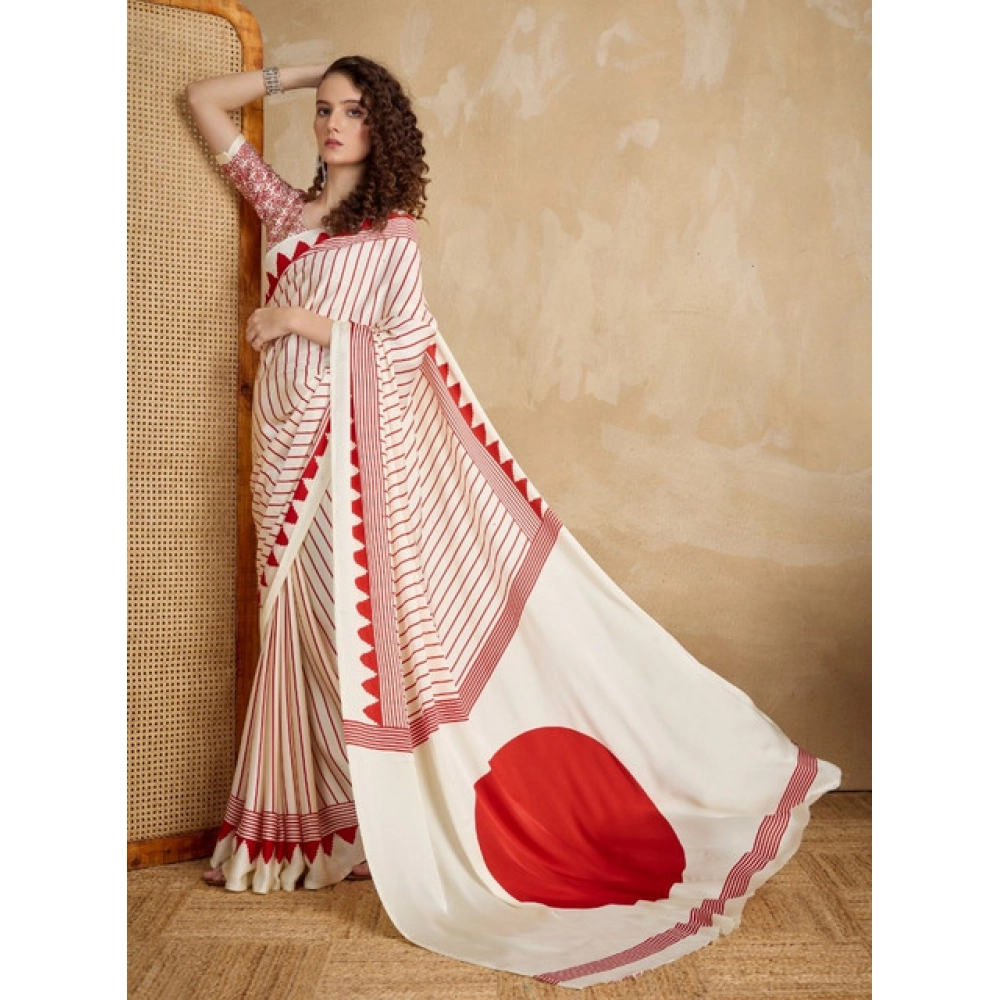Women's Satin Crepe Printed Saree With Unstitched Blouse 5.5Mtr (Off White) - Image 3