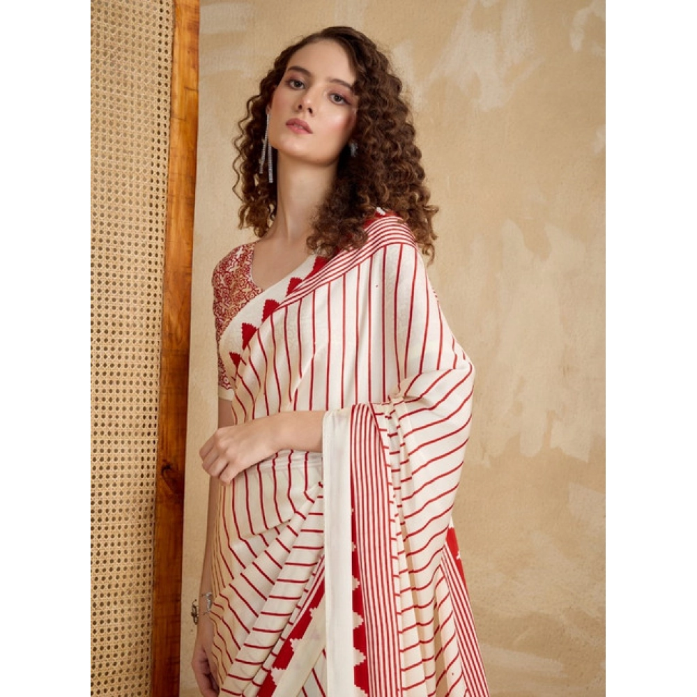 Women's Satin Crepe Printed Saree With Unstitched Blouse 5.5Mtr (Off White) - Image 2