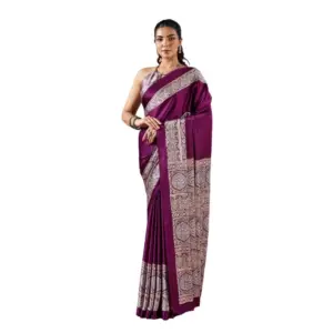 Women's Satin Crepe Printed Saree With Unstitched Blouse 5.5Mtr (Purple)
