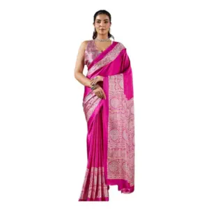 Women's Satin Crepe Printed Saree With Unstitched Blouse 5.5Mtr (Pink)