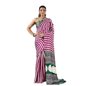 Women's Satin Crepe Printed Saree With Unstitched Blouse 5.5Mtr (Magenta)