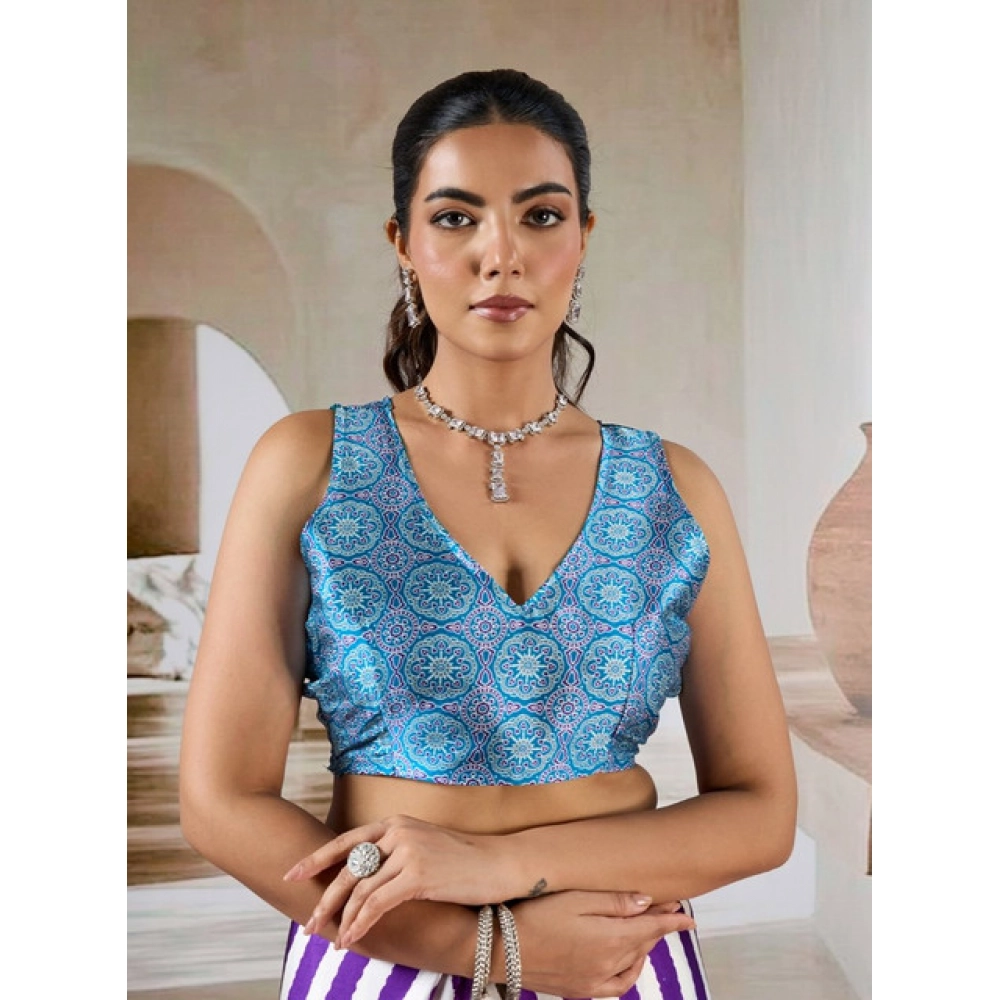 Women's Satin Crepe Printed Saree With Unstitched Blouse 5.5Mtr (Purple) - Image 2