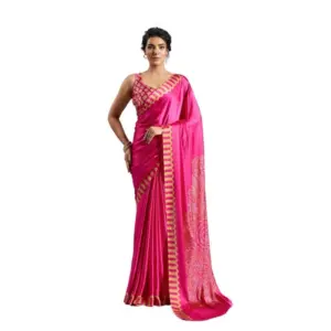 Women's Satin Crepe Printed Saree With Unstitched Blouse 5.5Mtr (Pink)