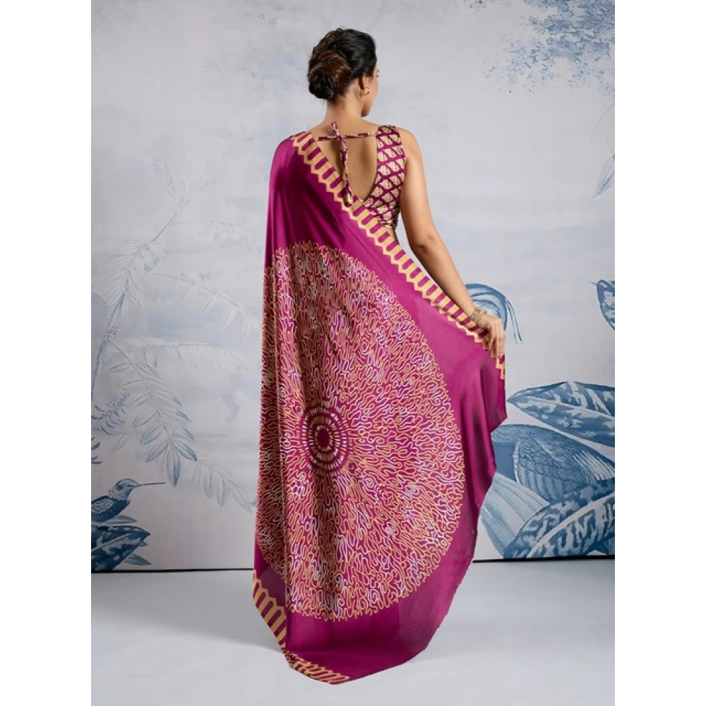 Women's Satin Crepe Printed Saree With Unstitched Blouse 5.5Mtr (Purple) - Image 4