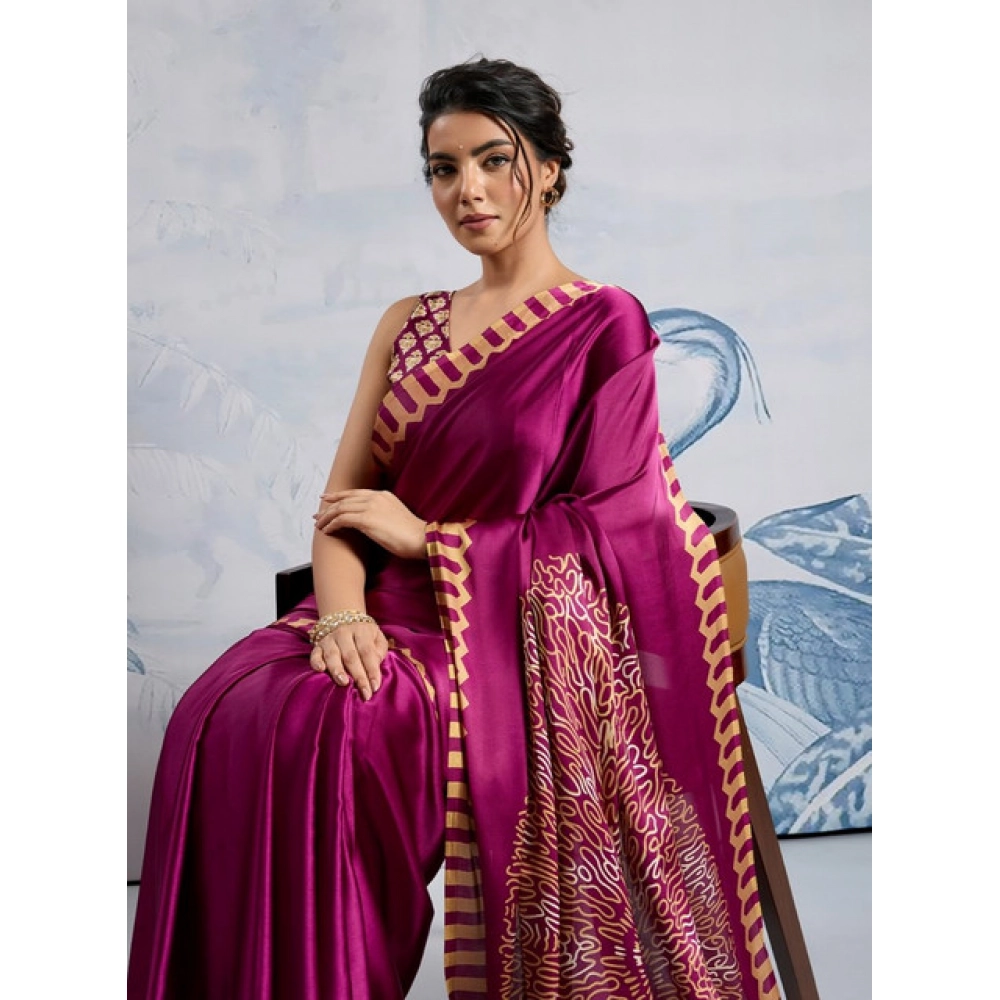 Women's Satin Crepe Printed Saree With Unstitched Blouse 5.5Mtr (Purple) - Image 3
