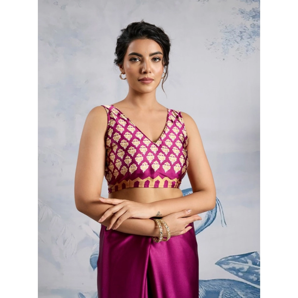 Women's Satin Crepe Printed Saree With Unstitched Blouse 5.5Mtr (Purple) - Image 2