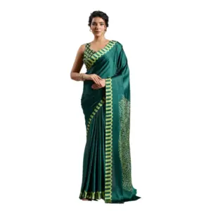 Women's Satin Crepe Printed Saree With Unstitched Blouse 5.5Mtr (Green)