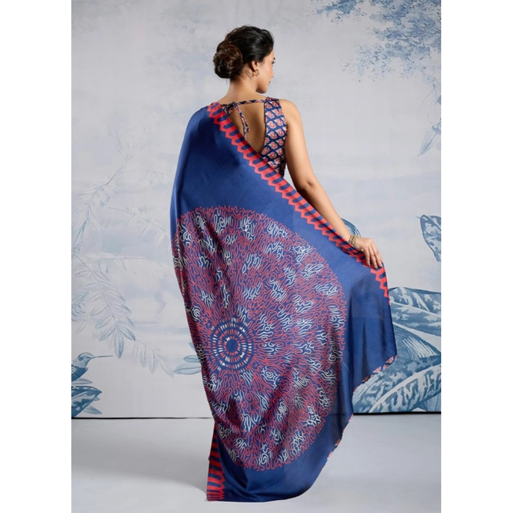 Women's Satin Crepe Printed Saree With Unstitched Blouse 5.5Mtr (Blue) - Image 4