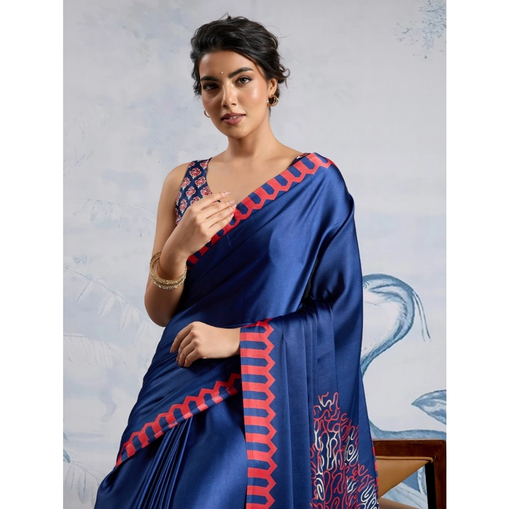 Women's Satin Crepe Printed Saree With Unstitched Blouse 5.5Mtr (Blue) - Image 3