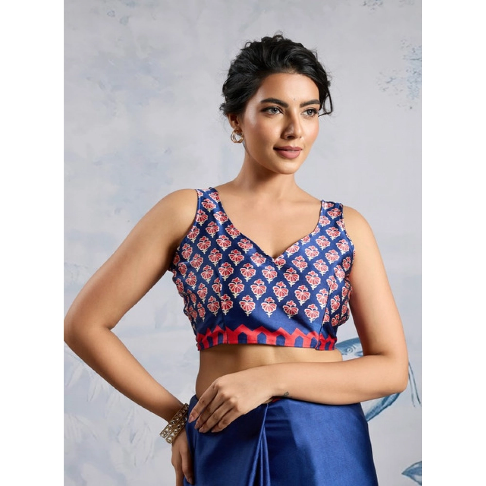 Women's Satin Crepe Printed Saree With Unstitched Blouse 5.5Mtr (Blue) - Image 2