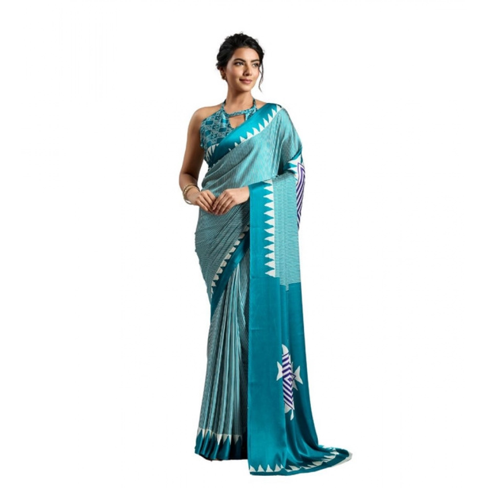 Women's Satin Crepe Printed Saree With Unstitched Blouse 5.5Mtr (Rama Blue)