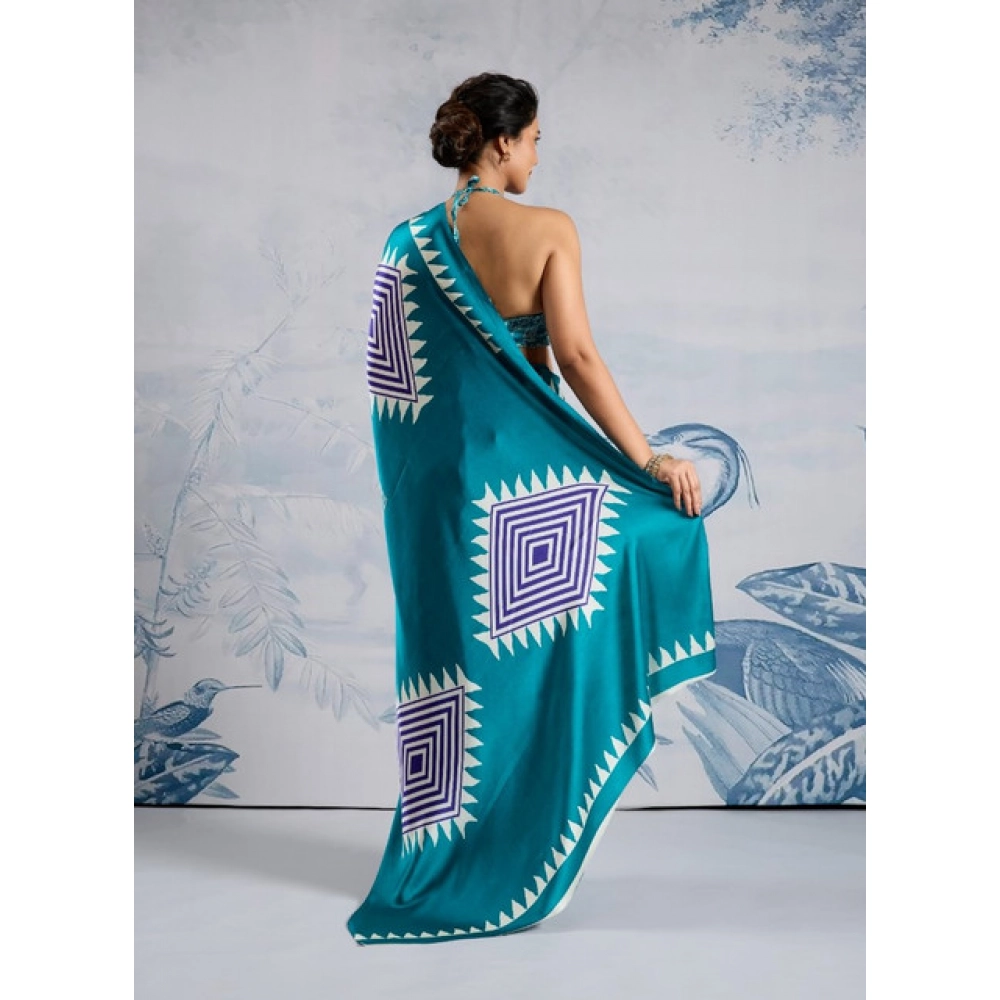 Women's Satin Crepe Printed Saree With Unstitched Blouse 5.5Mtr (Rama Blue) - Image 4