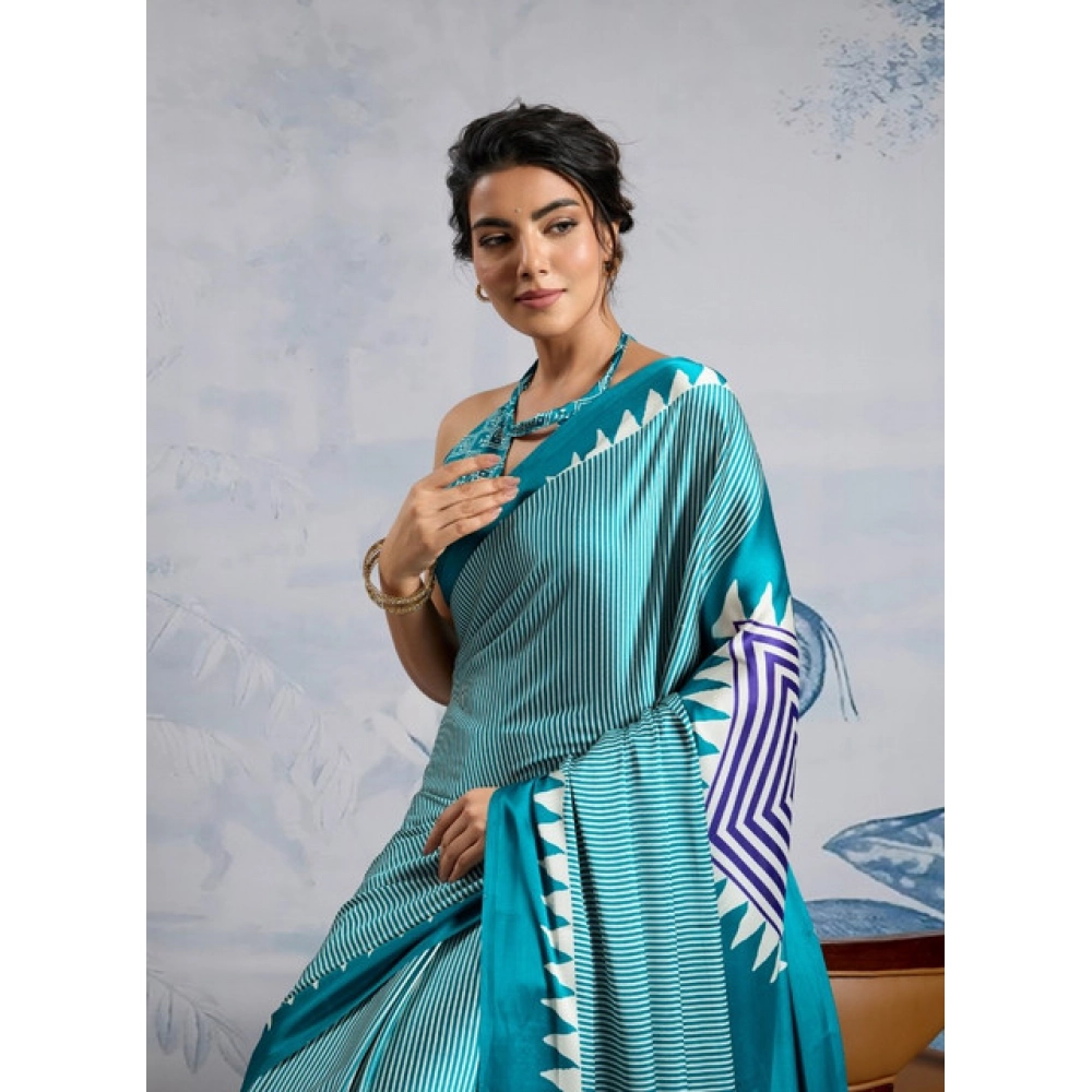 Women's Satin Crepe Printed Saree With Unstitched Blouse 5.5Mtr (Rama Blue) - Image 3