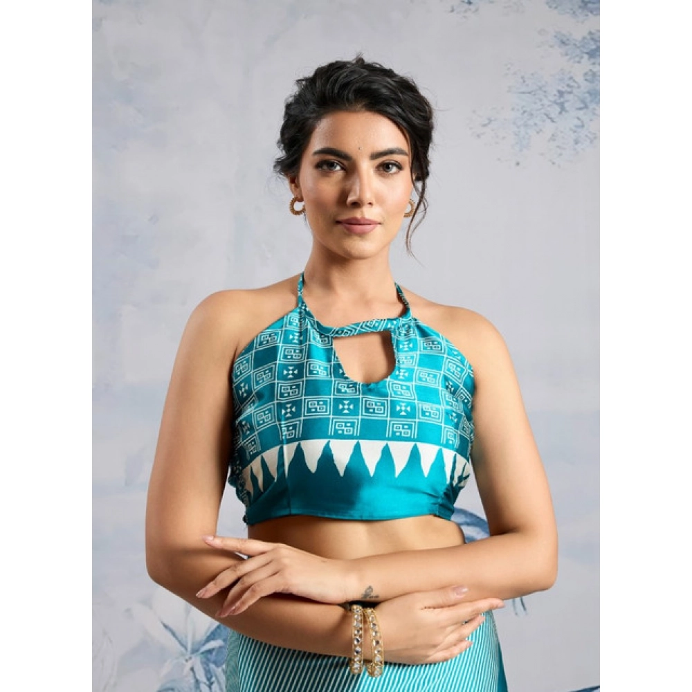 Women's Satin Crepe Printed Saree With Unstitched Blouse 5.5Mtr (Rama Blue) - Image 2