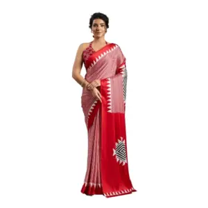 Women's Satin Crepe Printed Saree With Unstitched Blouse 5.5Mtr (Red)