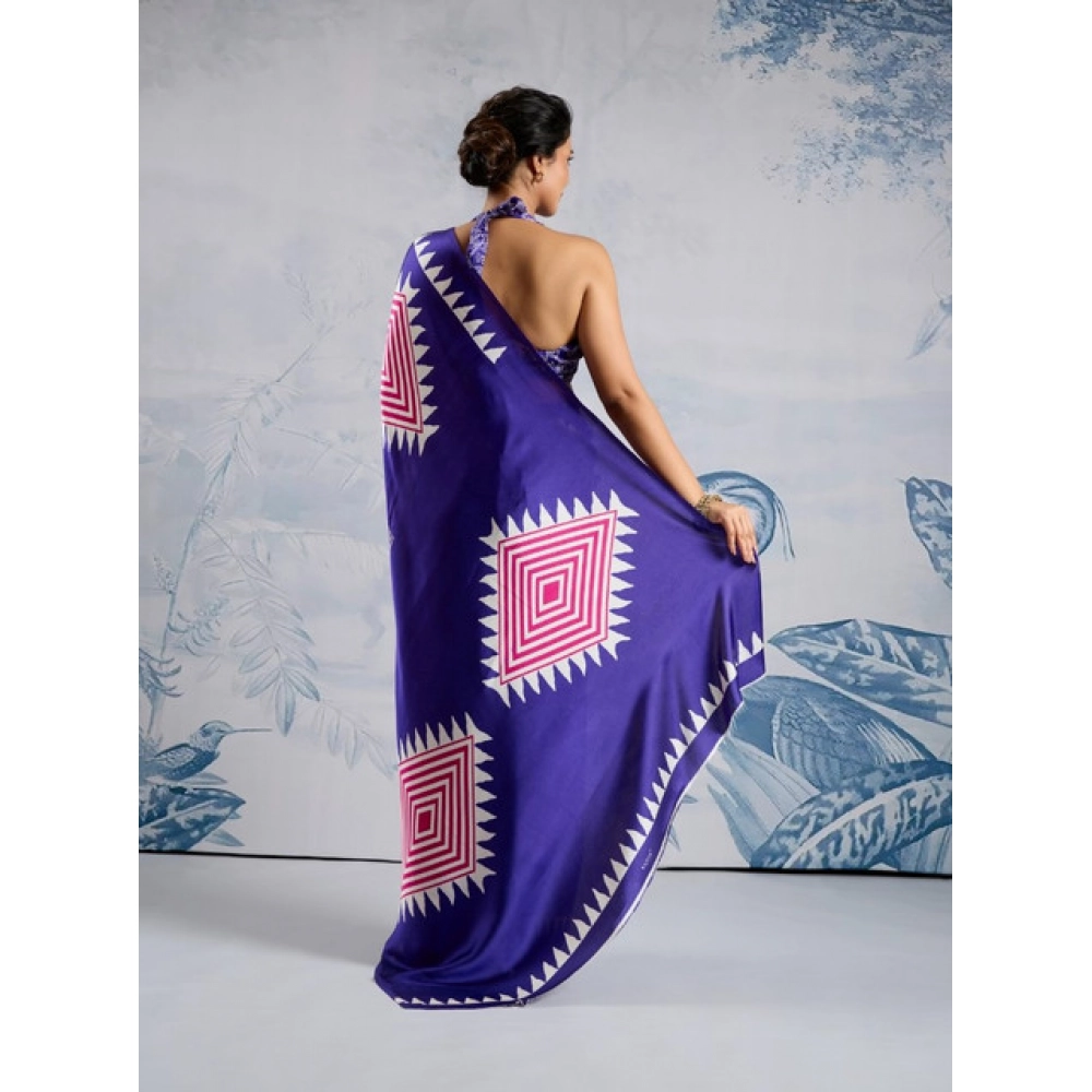 Women's Satin Crepe Printed Saree With Unstitched Blouse 5.5Mtr (Purple) - Image 4