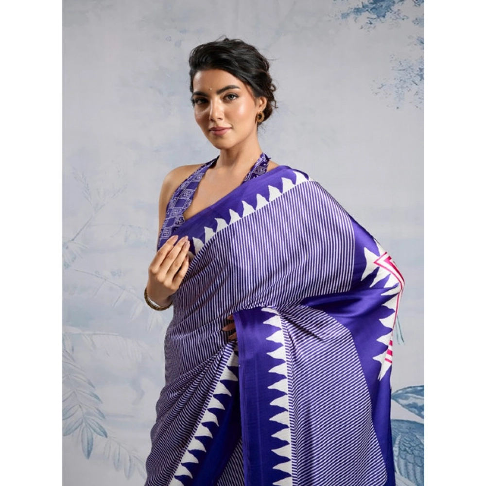 Women's Satin Crepe Printed Saree With Unstitched Blouse 5.5Mtr (Purple) - Image 3